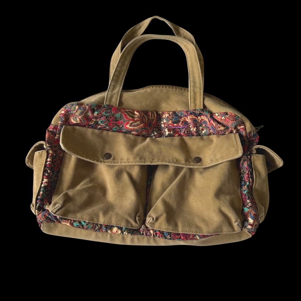 Black Butterfly Tan Canvas Paisley Tapestry Tote Bag Boho Multi Pocket Satchel